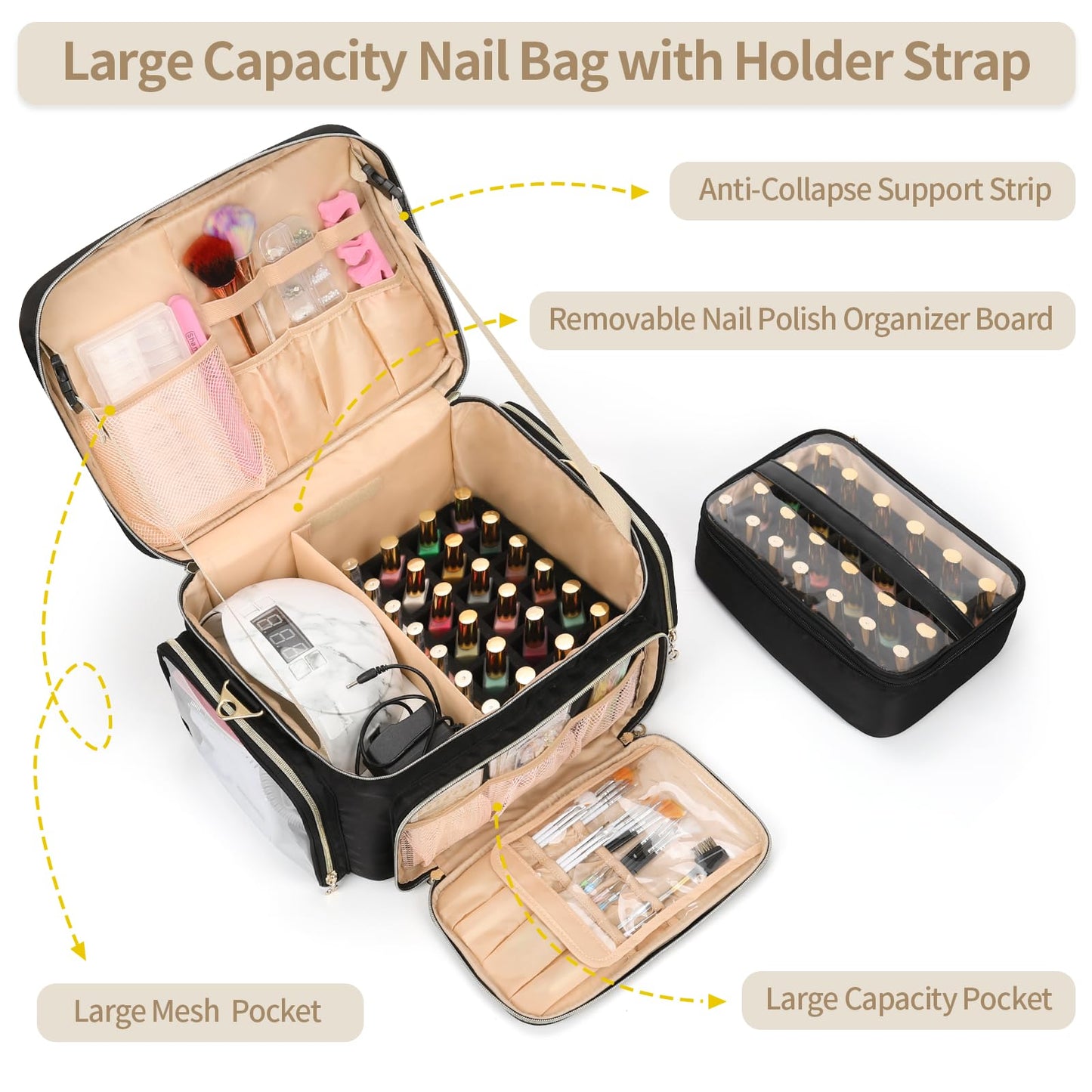 Bagmoly Nail Polish Organizer, Nail Polish Storage Holds 50-70 Bottles & Nail Lamp, Portable Travel Nail Kit Storage Carrying Case Fits Nail Suppiles, Gift for Manicurist, Grils (Black)
