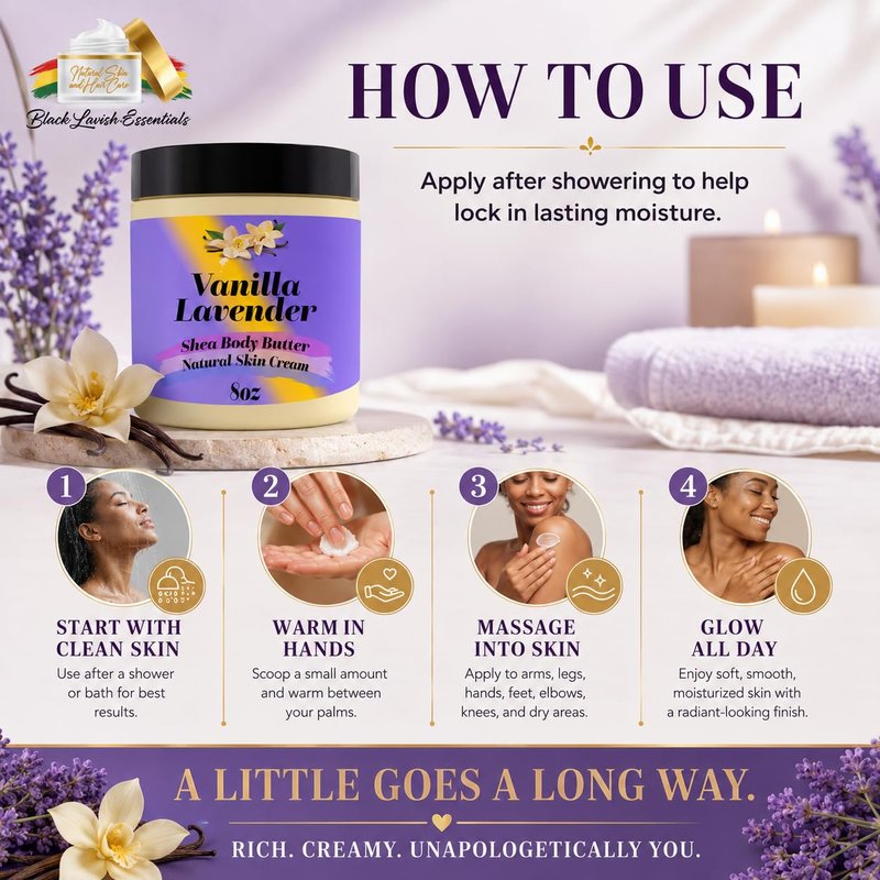 Ultra Soft Shea Body Butter Cream, Natural Hydrating Body Cream with Cocoa Butter, Mango Butter, Aloe Vera, Argan, Rosehip Oil, Moisturized Skin, Suits All Types (Vanilla Lavender, 8oz)