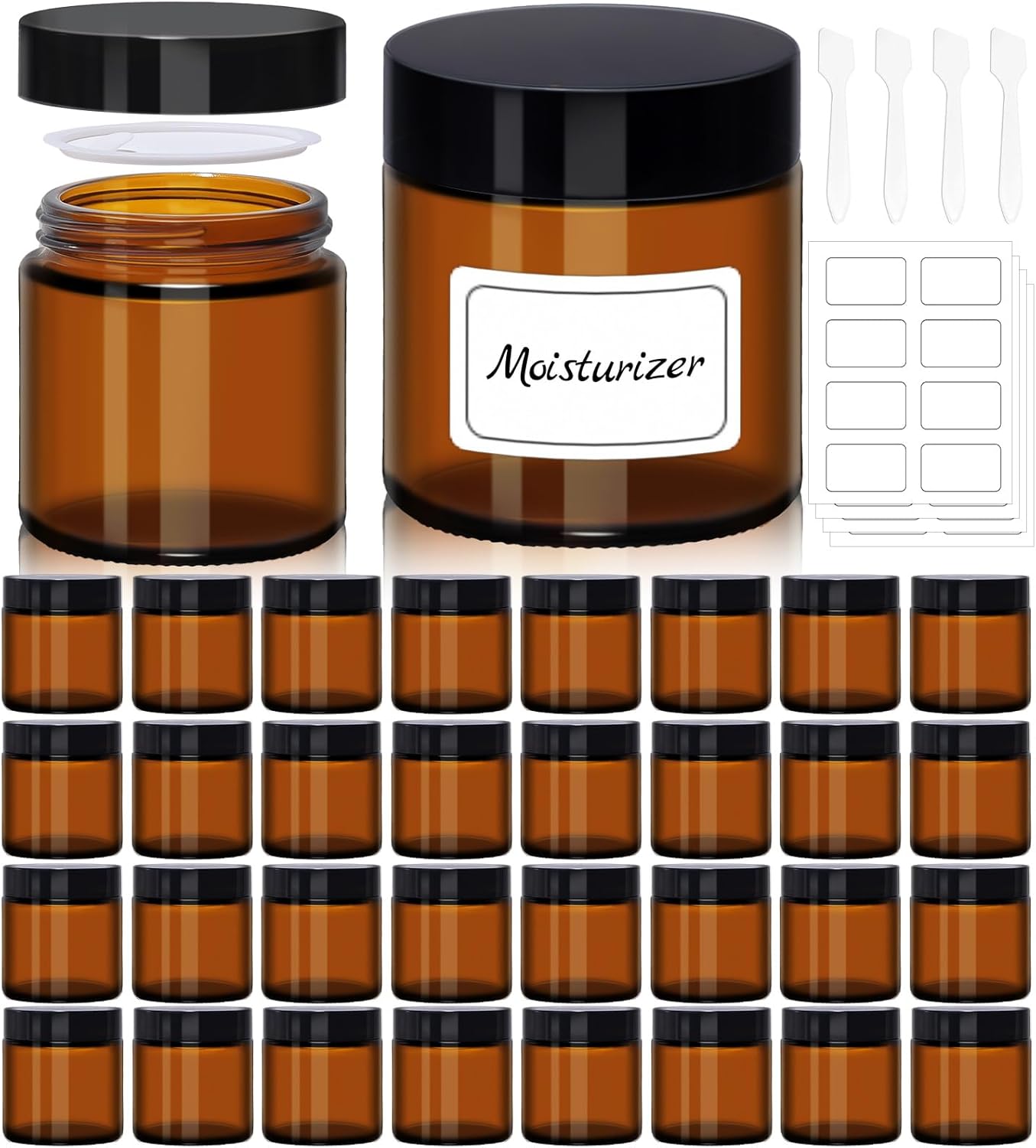 Amber Glass Jars - 32 Pack Wide-Round Cosmetic Containers with Lids & Labels | 4 oz for Creams, Oils, Body Butter