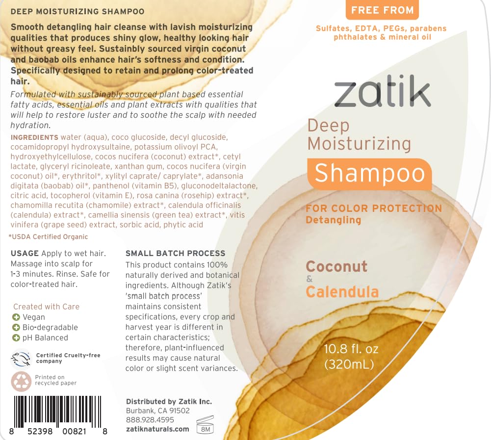 Zatik Naturals Deep Moisturizing Shampoo & Conditioner Set - Coconut & Calendula for Colored, Dry Hair | 10.8 fl oz Each