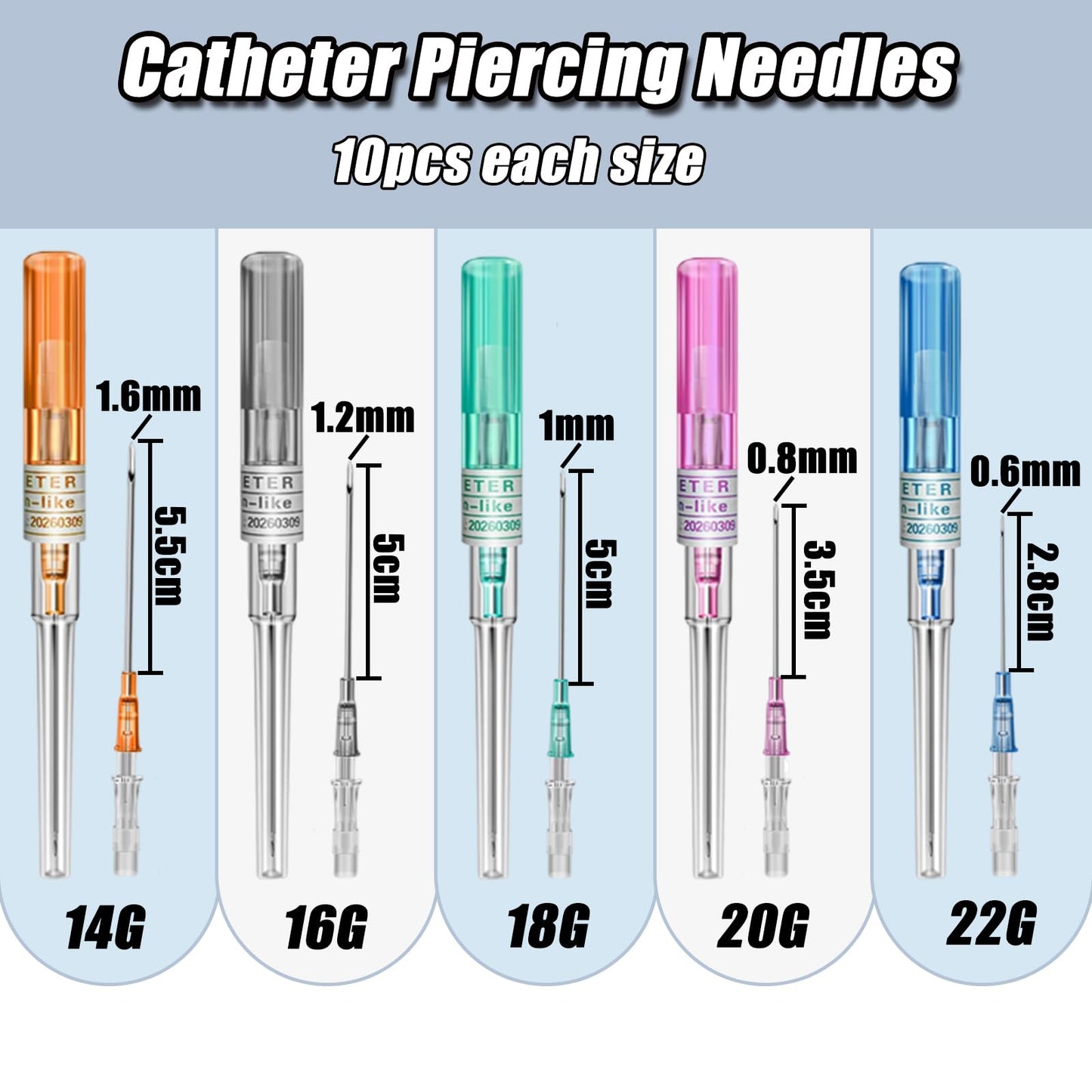 YONGDA Catheter Piercing Needles 50Pcs Mixed Sizes 14G 16G 18G 20G 22G – Hollow Piercing Needles Kit, 316L Stainless Steel for Ear Nose Cartilage Lip Navel Piercing Supplies