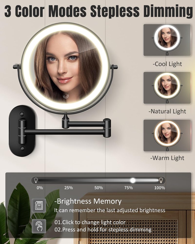 30X/1X Wall Mounted Lighted Makeup Mirror, 8'' Double Sided Rechargeable Magnifying Bathroom Mirror with Light, 3 Color Lights Touch Dimmable Extended Arm 360 Rotation Light up Mirrors