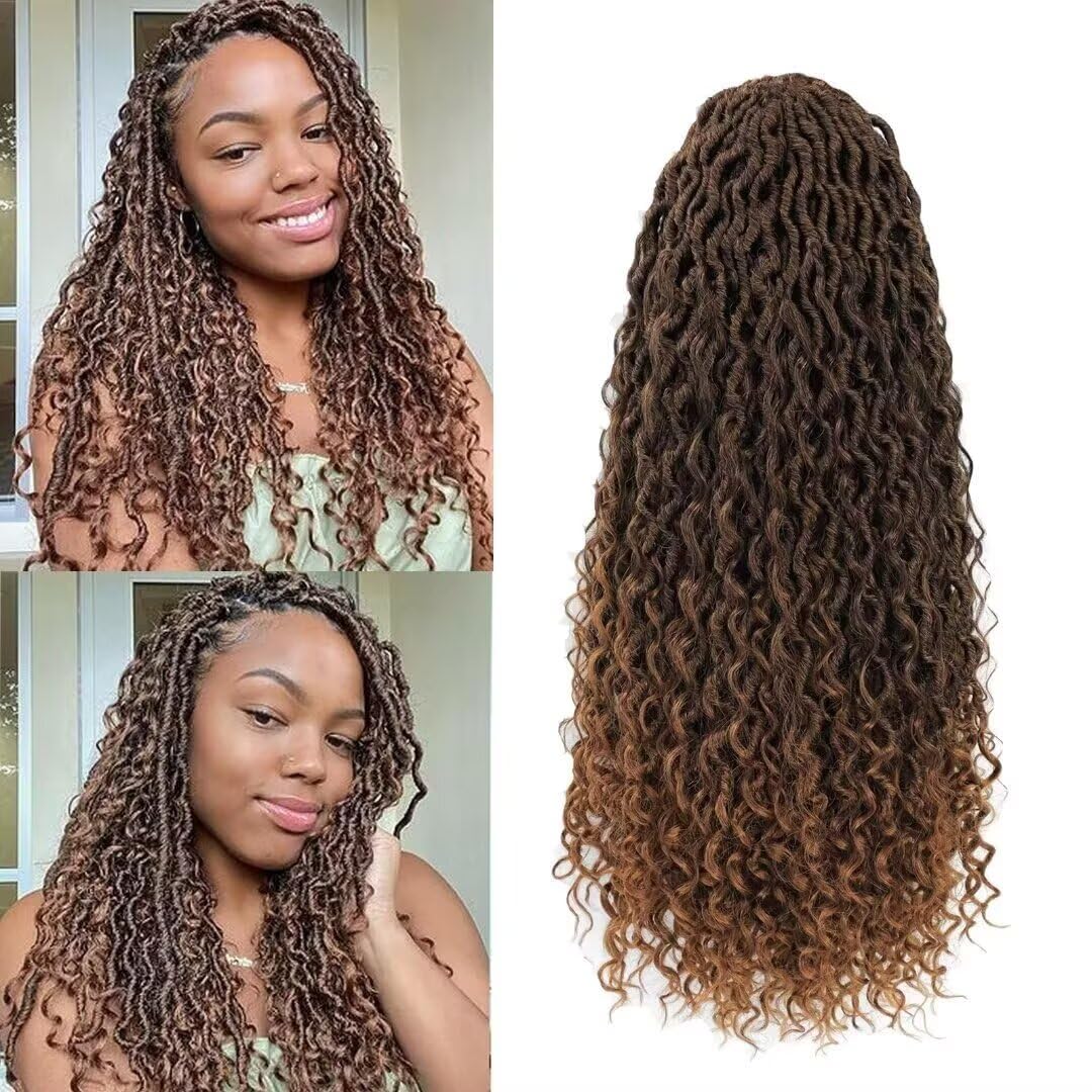 Goddess Locs Crochet Hair - 18 Inch Ombre Brown Faux Locs with Curly Ends | 8 Packs Synthetic Hair Extensions