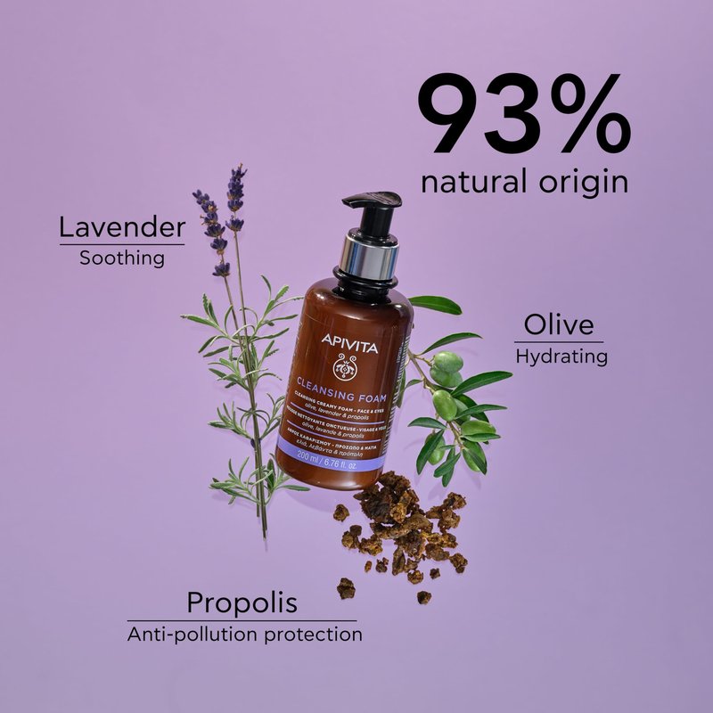 Apivita Cleansing Foam, Hydrating & Soothing Cleansing Creamy Foam for Face & Eyes with Olive, Lavender & Propolis