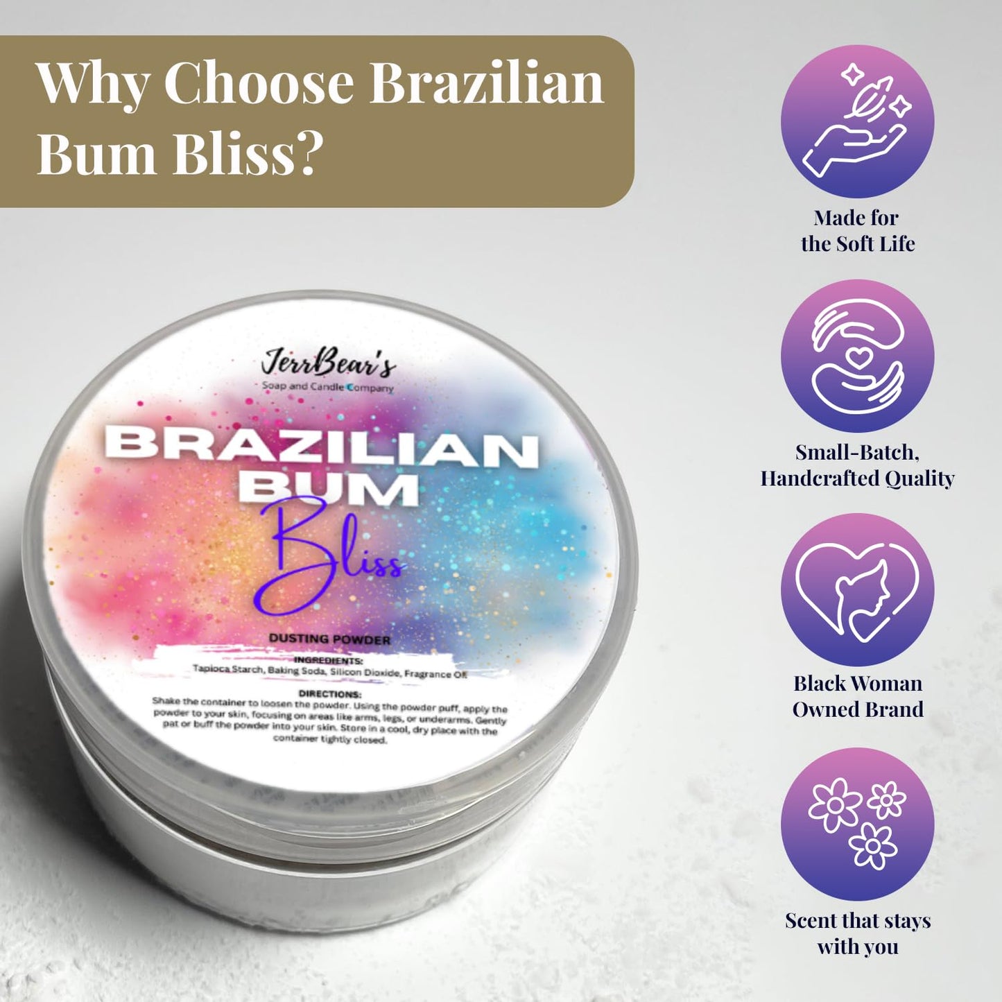 JerrBear’s Brazilian Bum Bliss Dusting Powder, Talc Free Body Formula for Women, Soft Scented Skin Care, Gentle Powder for Daily Freshness, (4oz Jar)