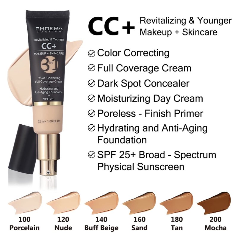 PHOERA CC+ Cream Color Correcting Anti Aging Hydrating Serum & SPF 25+, PHOERA Primer, Makeup, Kabuki Makeup Brushes Foundation Brush (102 Nude + 120 Nude CC Cream)