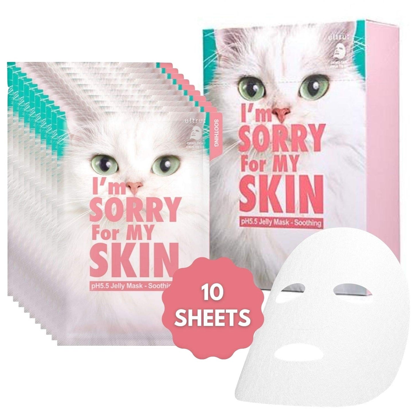 I'M SORRY FOR MY SKIN pH5.5 Jelly Face Mask Skin Care Set, Korean Skin Care Hydrating Masks, Self Care Items Beauty Gifts for Women, Pack of 10 (Soothing Fasial Mask - Cat)