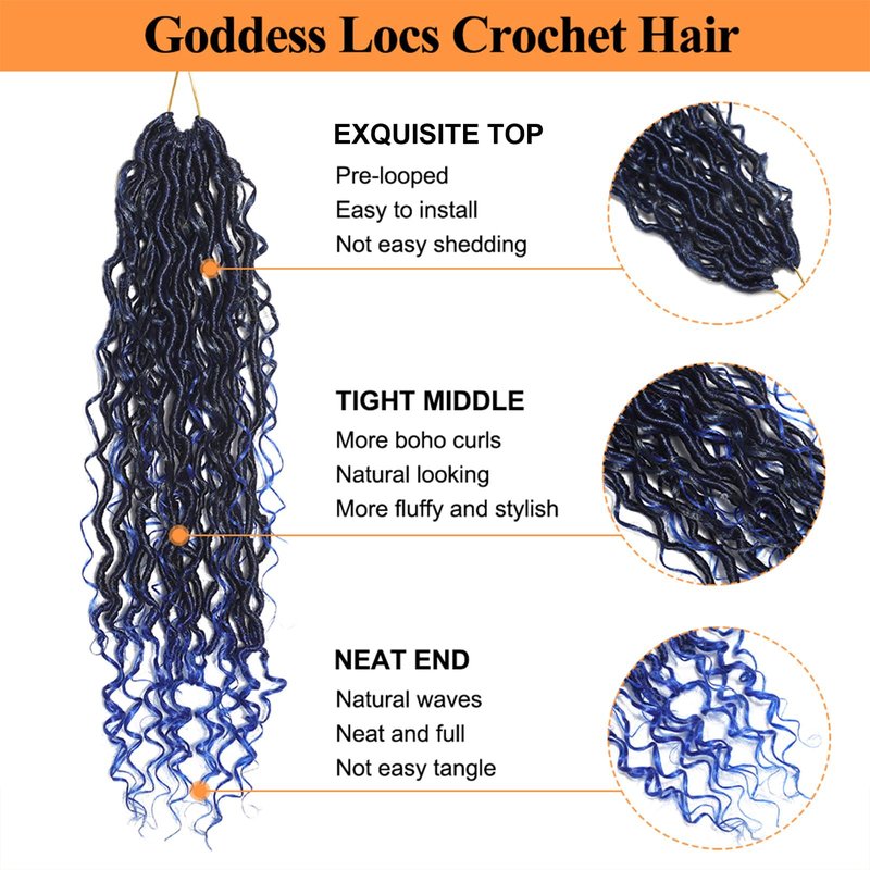 Goddess Locs Crochet Hair 1B/Blue Boho Faux Locs Crochet with Curly Ends 8 Packs Long Bohemian Crochet Hair for Black Women Synthetic Hair Extentions (1B/Blue,24 Inch)