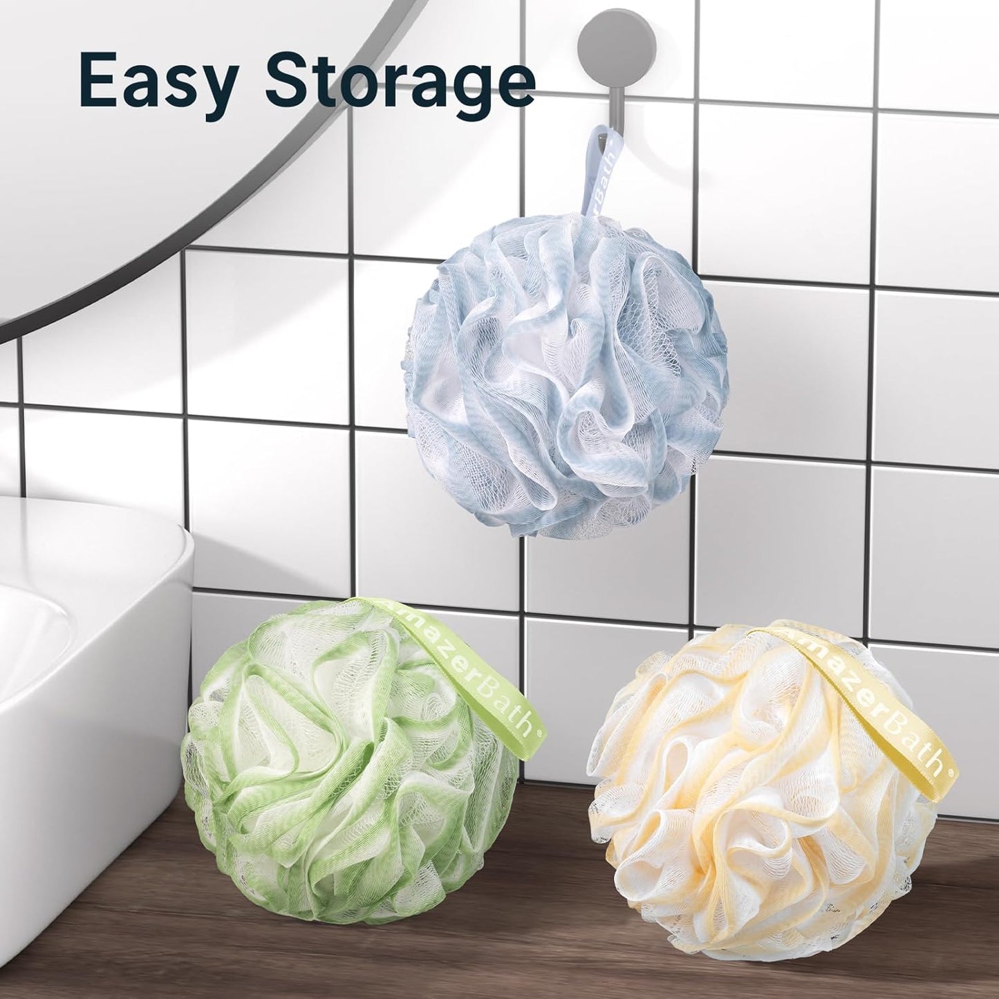 AmazerBath Loofah Sponge, Shower Loofah for Men and Women - Body Scrubber Loofa Set of 3 Classic Black & White Edge, Bath Sponge 60g/PCS