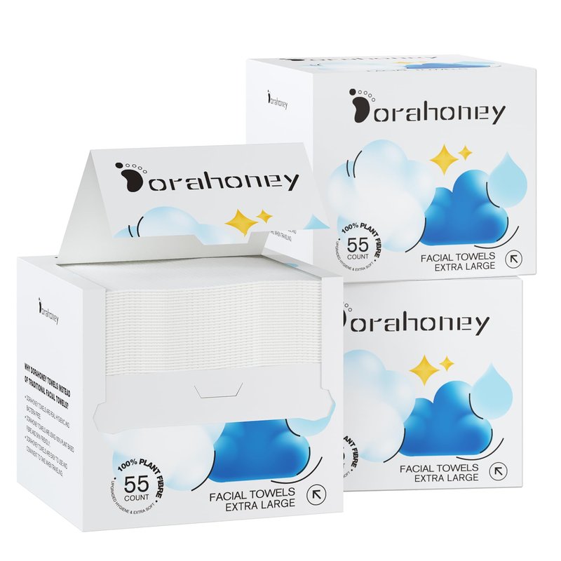 Dorahoney Disposable Face Towels, 12"×12" Extra Large Face Towelettes, Ultra Soft Facial Towels for Sensitive Skin, Makeup Remover Dry Wipes, 165 Count (3 Packs of 55)