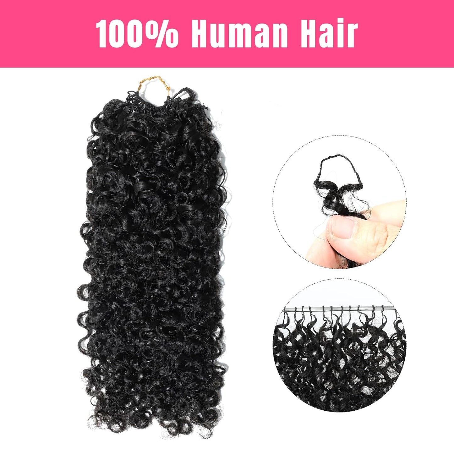 Burmese Curly Feather Crochet Braid Hair Extensions - 100% Real Human Hair, Knotless, 14 Inch, Natural Black