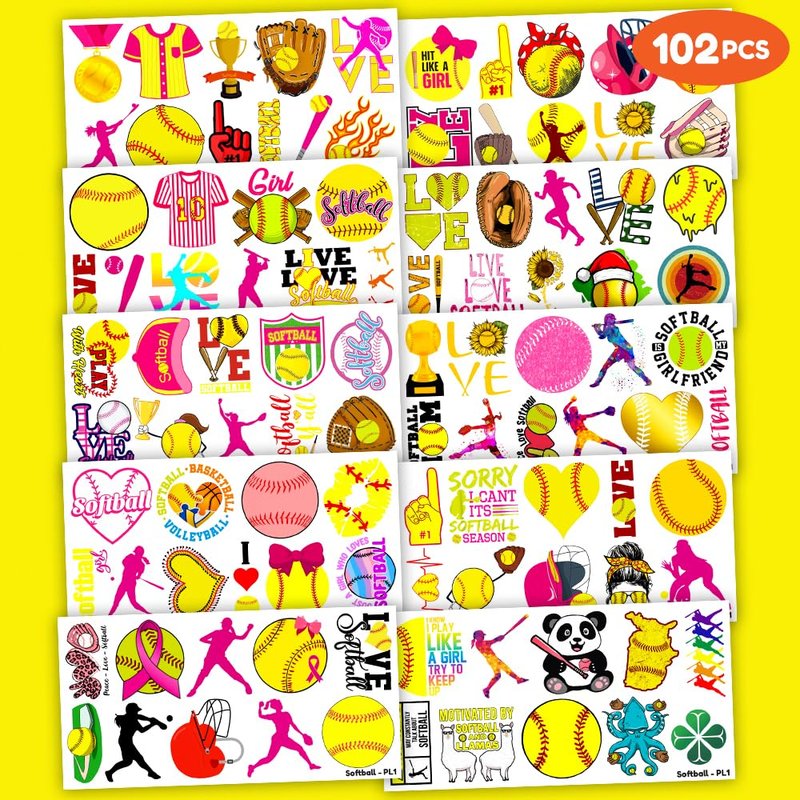 102 PCS Softball Temporary Tattoos Themed Birthday Party Decorations Favors Supplies Decor Girls Cute Baseball Sports Yellow Tattoo Stickers Gifts For Boys Girls Classroom School Prizes Carnival