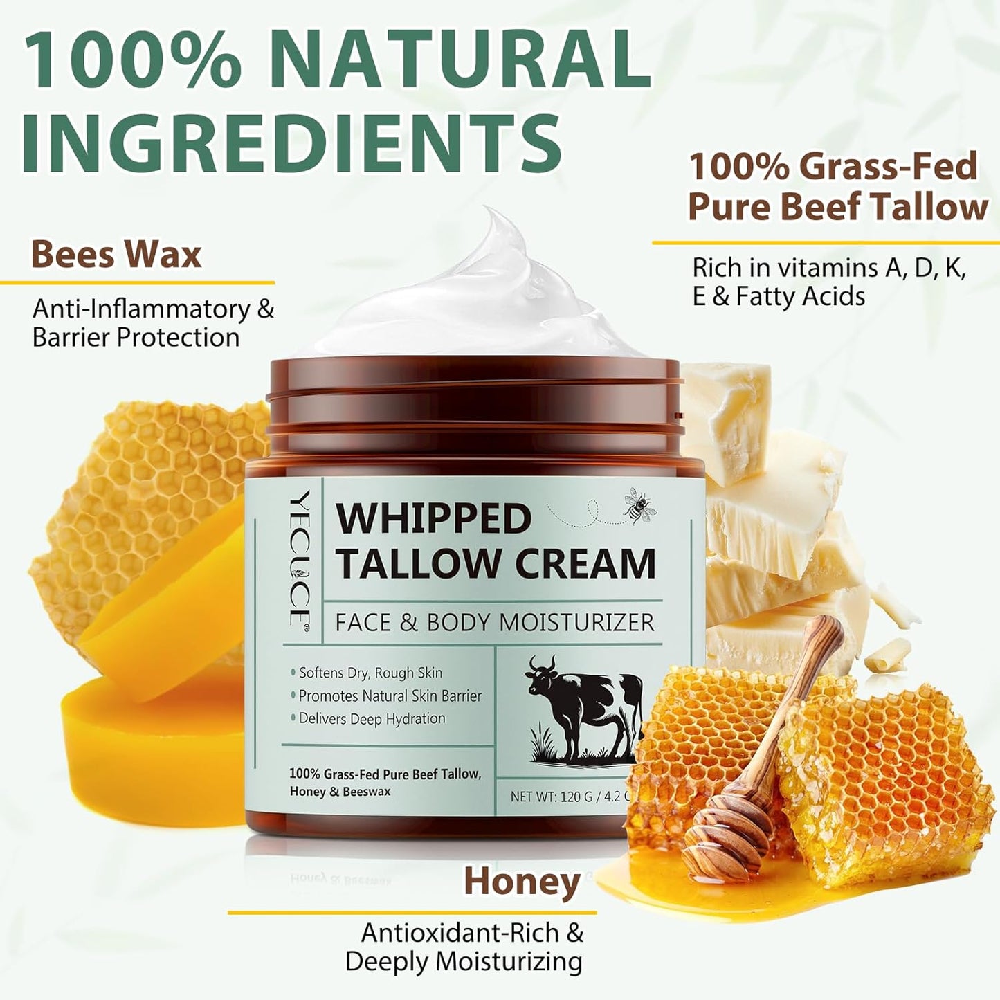 Whipped Beef Tallow Skin Face Moisturizer - Organic Grass-Fed Tallow with Honey Cream | Unscented, 2-Pack