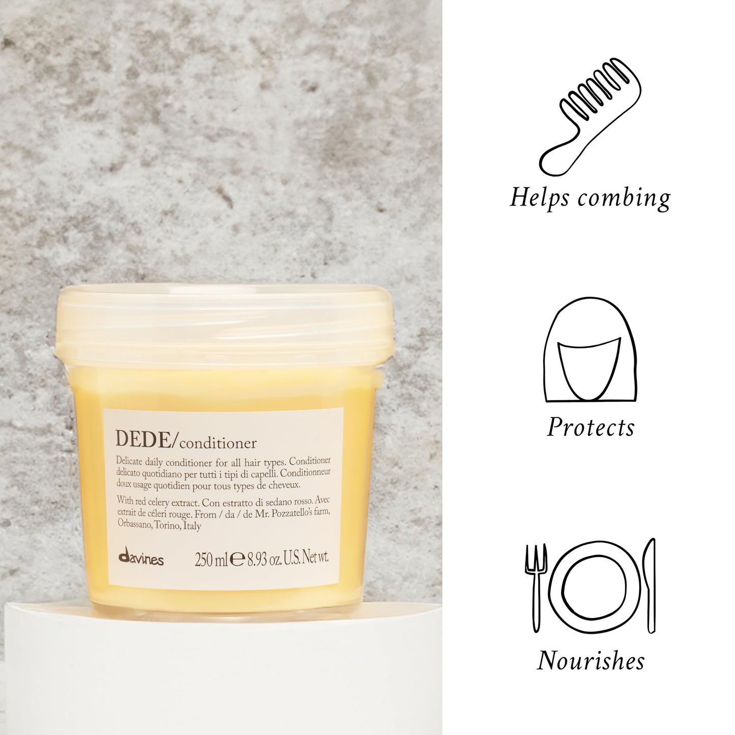 Davines DEDE Conditioner, Daily Lightweight Moisturizing Formula for Medium Fine & Fine Hair - Gentle Mineral-Rich Detangler to Soften & Untangle with Red Celery Extract, Weightless, 8.45 Fl Oz