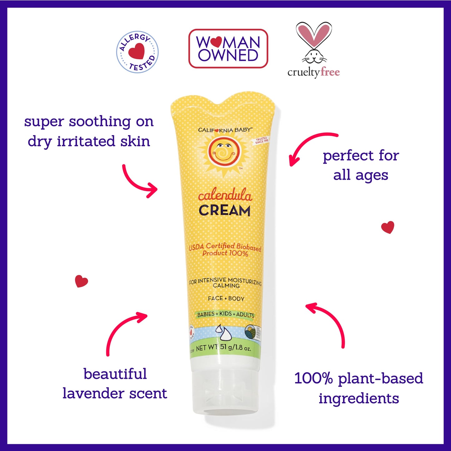 California Baby Calendula Cream | 100% Plant-Based Moisturizer | Lavender Baby Lotion | Face Moisturizer For Dry Skin | Hypoallergenic | 4 oz / 113g