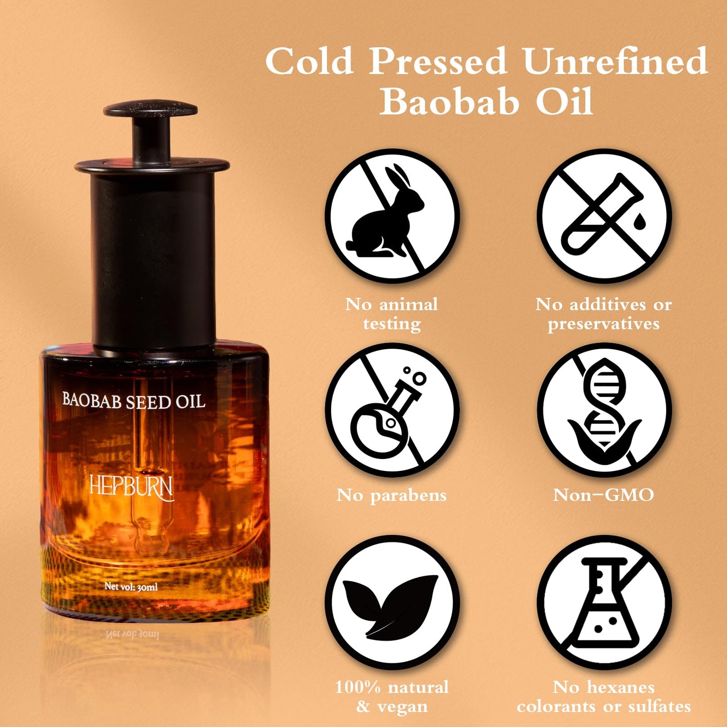 HEPBURN Baobab Seed Oil – 30ml | 100% Cold-Pressed, Natural Moisturizer & Nourishing Carrier Oil for Face, Body & Hair | Anti-Aging, Repairing, Soothing | Dropper Glass Bottle