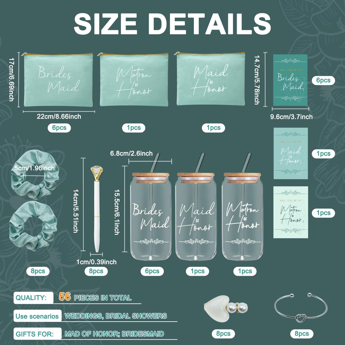 56pcs 8set Bridesmaid gifts bridesmaid proposal gifts, Maid of Honor Gifts contain 16oz Glass Cups Cosmetic Makeup Bags Invited Cards Scrunchies Hair Knotted Bracelets Diamond Pens love clip (Green)
