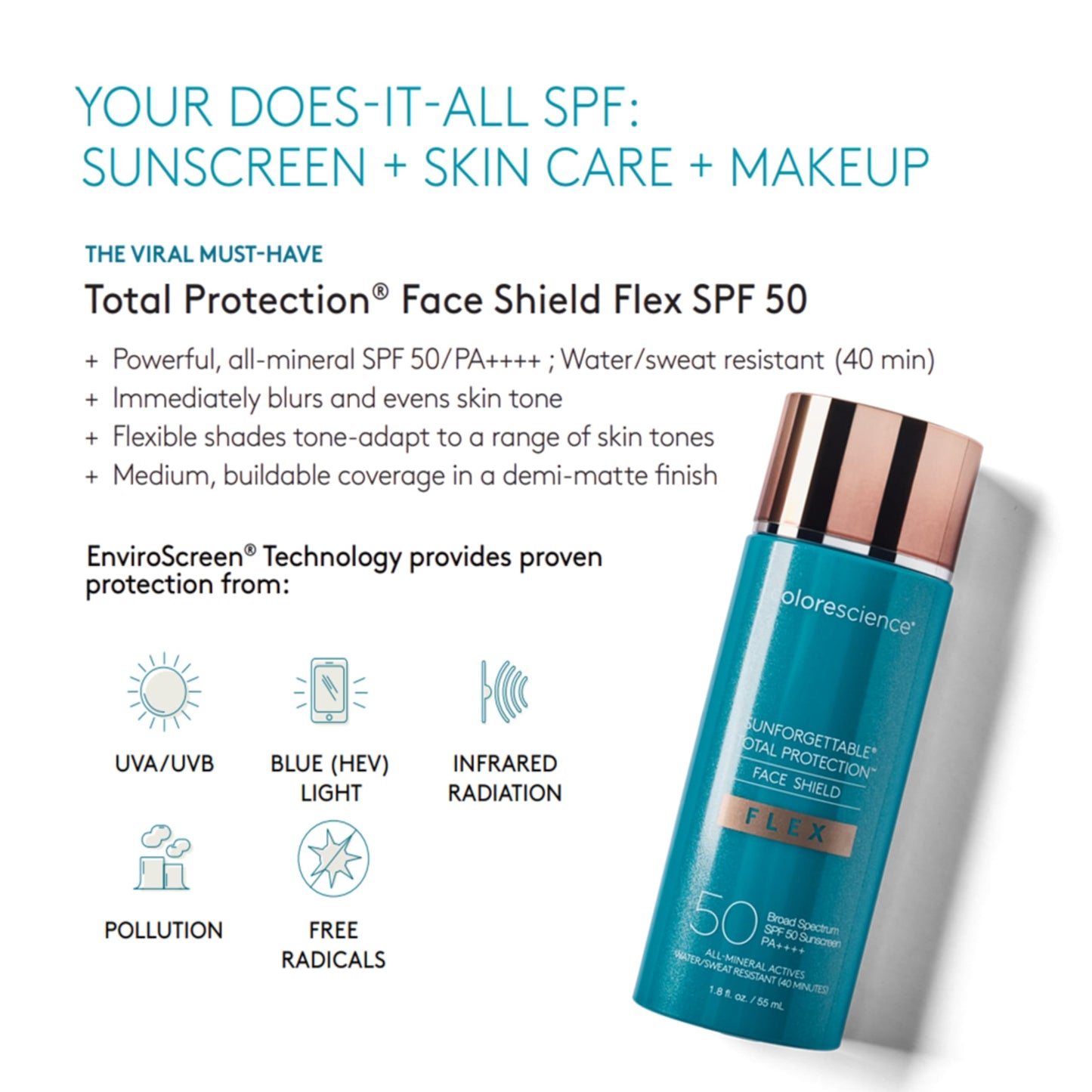 Colorescience FLEX Tinted Mineral Sunscreen SPF 50, Tone-Adapting Buildable Coverage with Zinc Oxide, Environmental Defense Against Blue Light & Pollution, For All Skin Tones, 1.8 fl. oz., Medium
