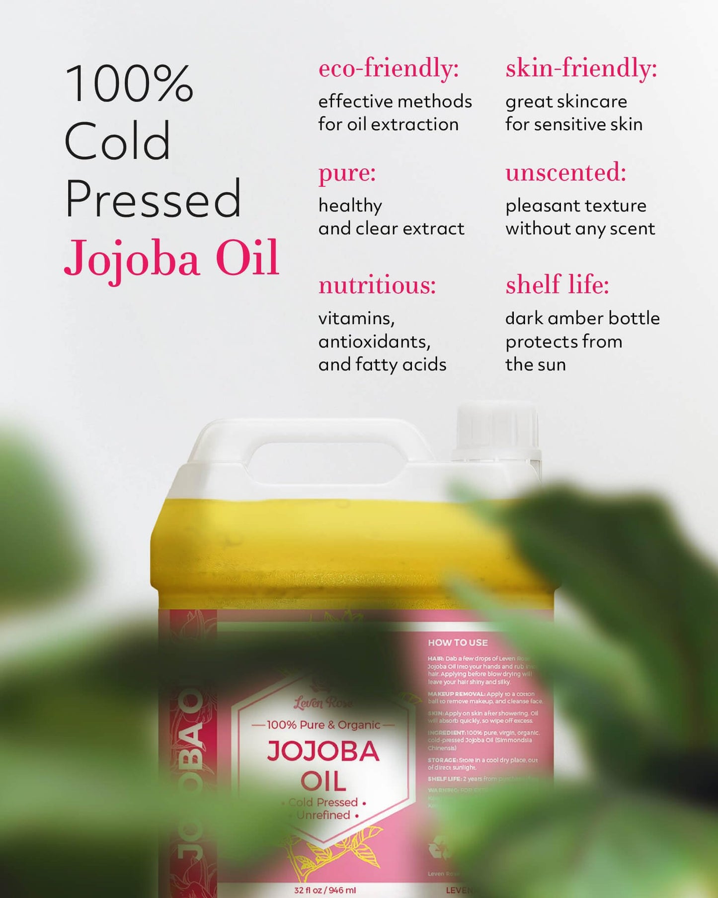 Leven Rose Organic Jojoba Oil Bulk 32 oz - 100% Pure Cold Pressed Unrefined for Skin Hair Nails Soap Making - Golden Jojoba Carrier Oil - Made in USA
