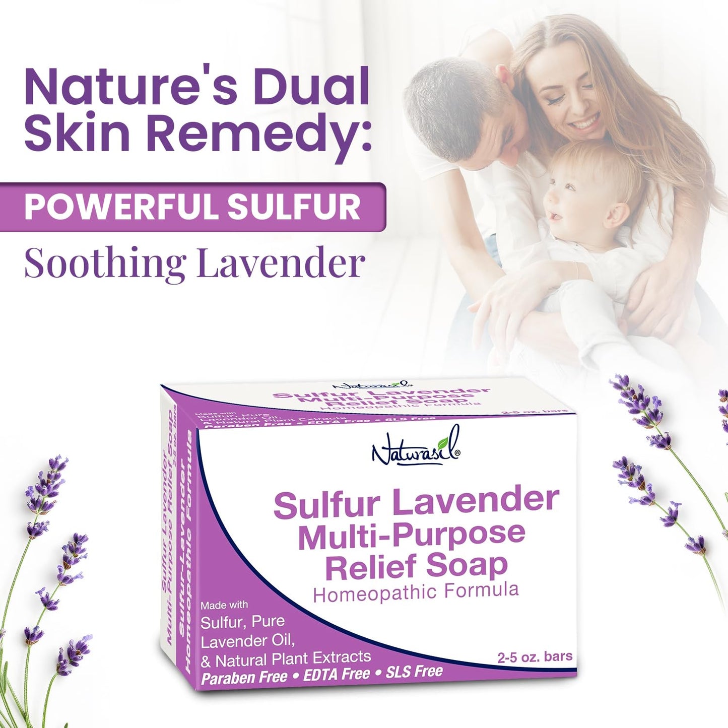 Naturasil Sulfur Soap with Lavender for Face & Body, Made in USA - 2 Pack