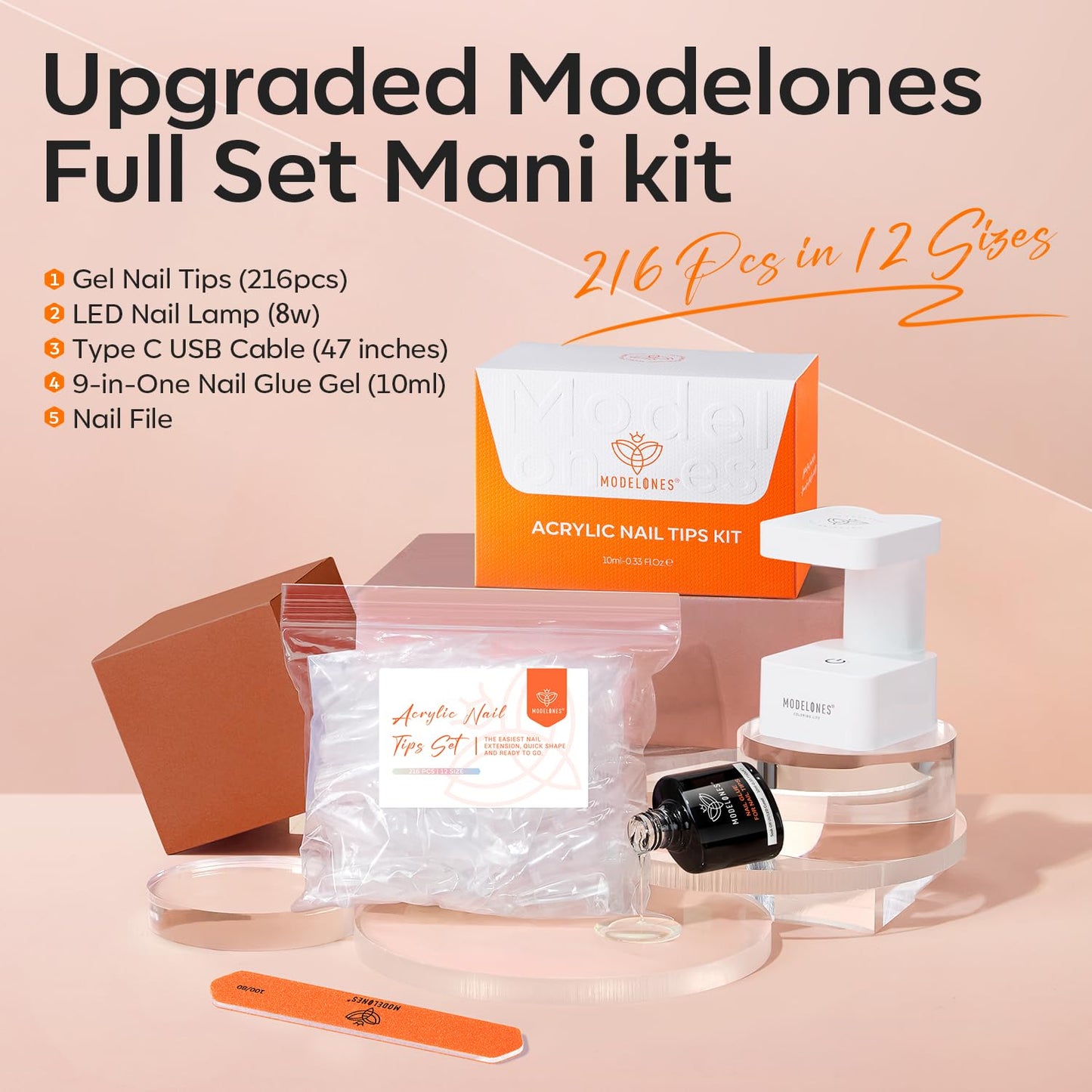 modelones X Nail Gel Kit Short Almond, 9-in-One Nail Glue UV Light