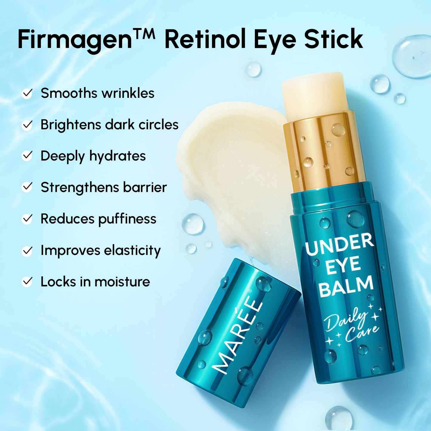 MAREE Under Eye Balm Stick Hydrating – Retinol Caffeine Under Eye Brightener Stick for Older Women – Collagen Undereye Cream for Dark Circles & Wrinkles – 0.35 Ounce, Teal