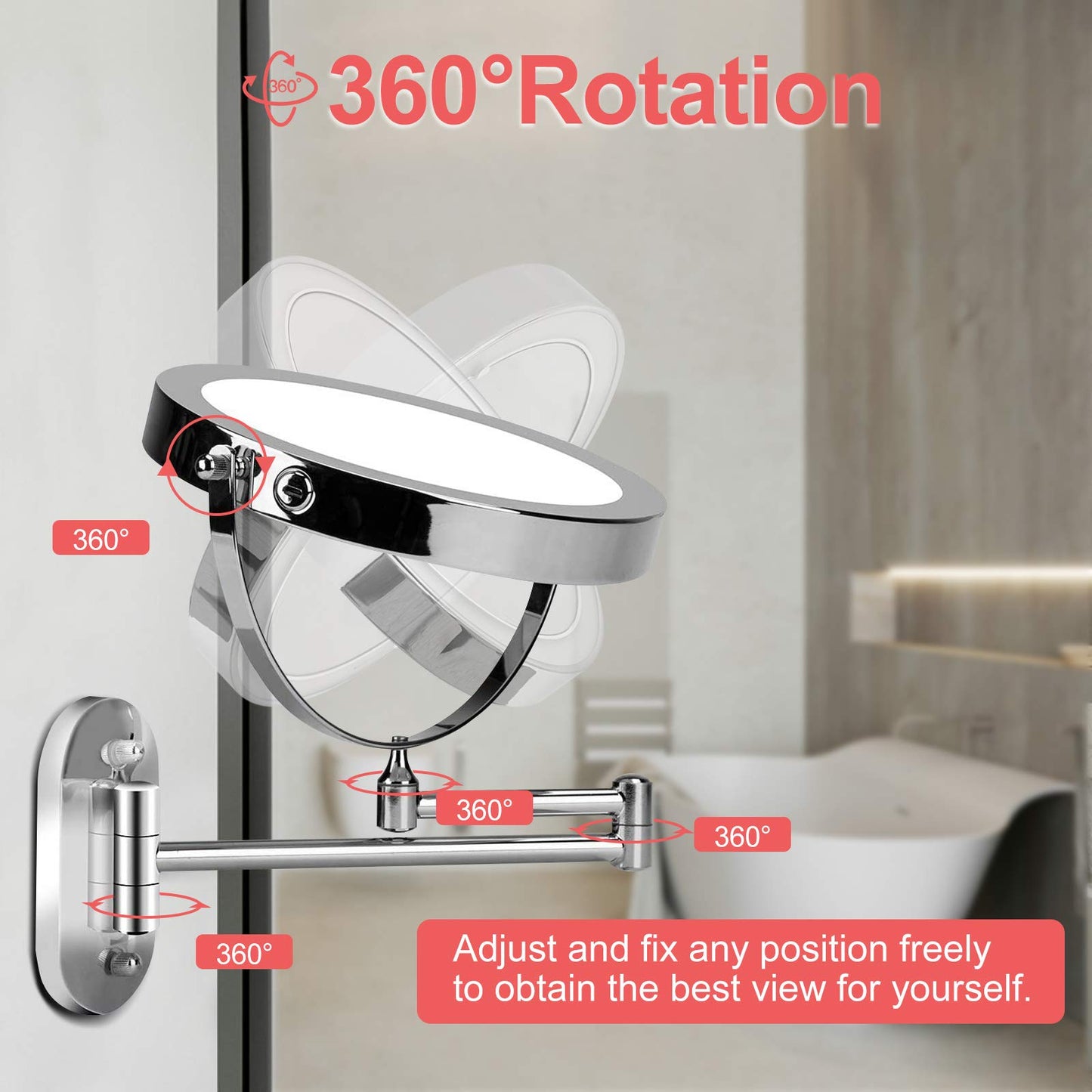 FUNTOUCH 5000mAh Rechargeable Wall Mounted Lighted Makeup Vanity Mirrors, Double Sided 1X 30X Magnifying, 3 Color Lighting, Touch Screen Dimming, Extended Arm 360 Rotation Shaving Bathroom Mirror