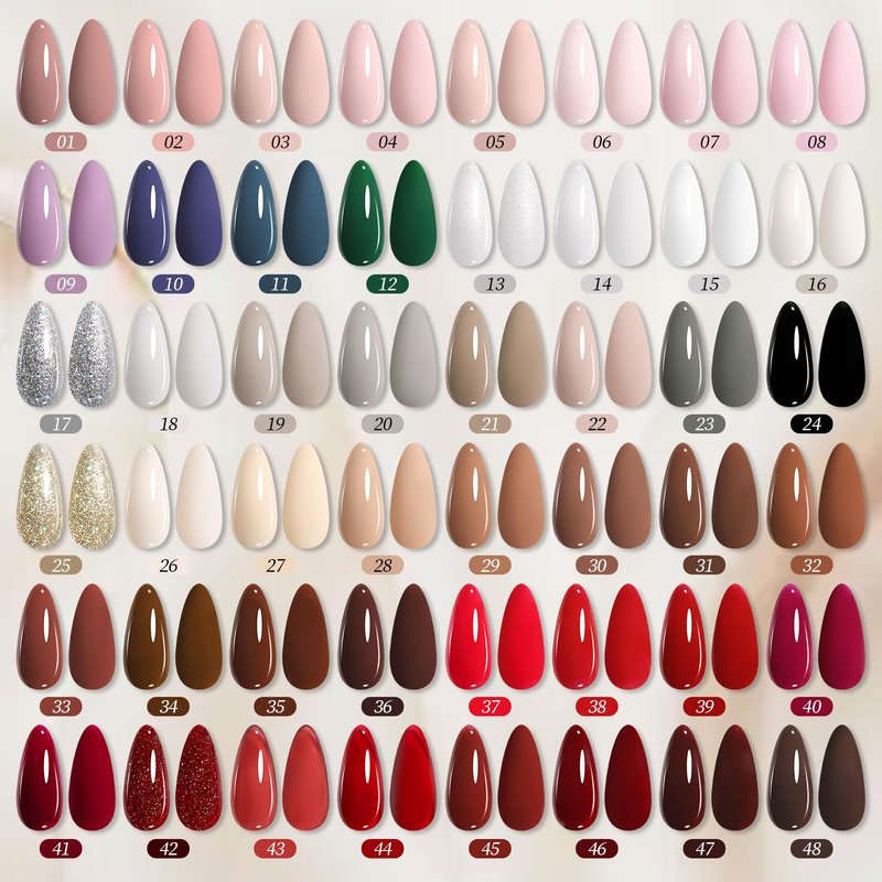 Born Pretty Nude Pink Gel Nail Polish 52Pcs Skin Tone White Beige Khaki Green Burgundy Red Purple Brown Chocolate Gold Silver Shimer Glitter Gel Polish with Glossy Matte Glitter Base Top Coat