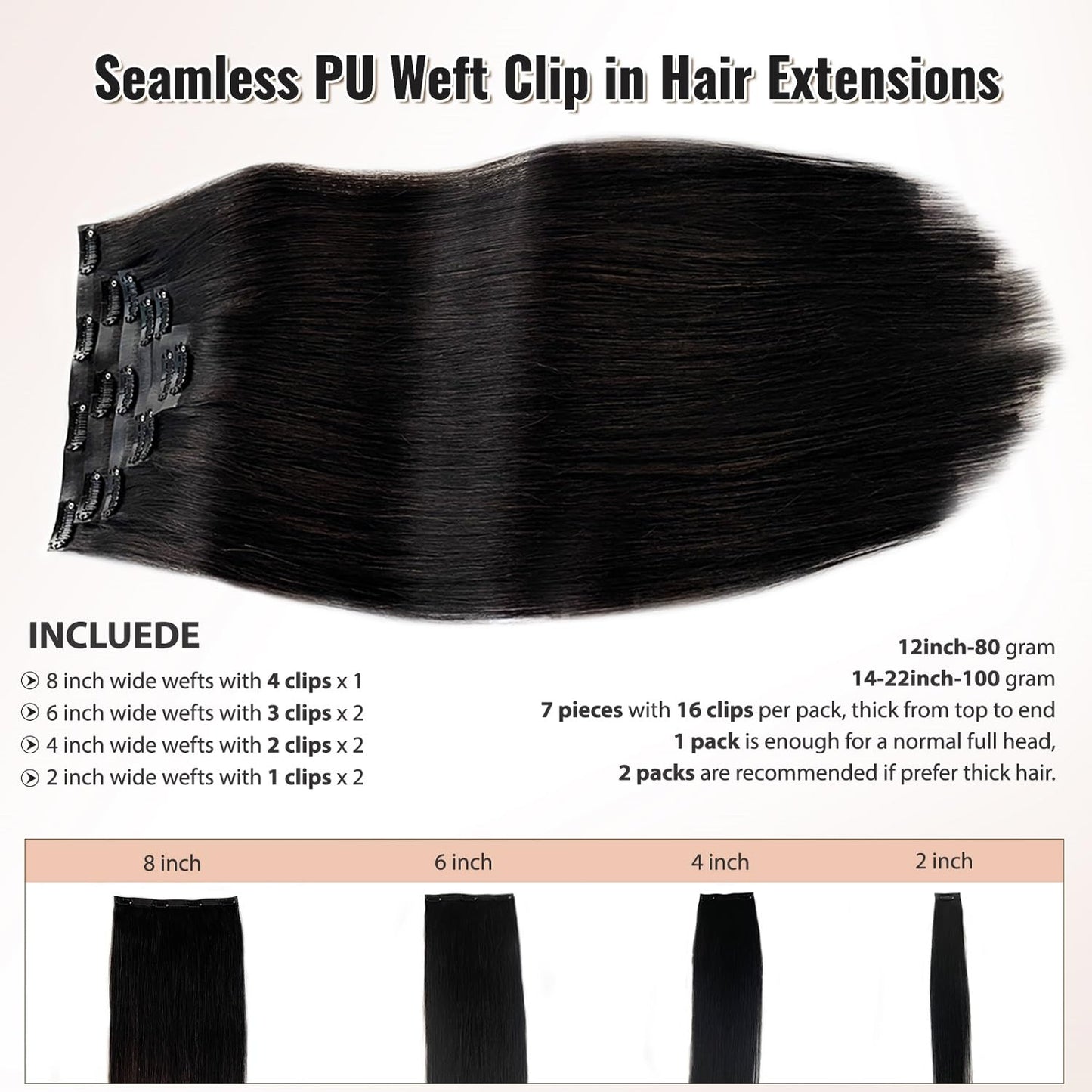 Seamless Clip in Hair Extensions Real Human Hair, 20” Natural Black Seamless Clip ins Remy Hair Extensions Invisible Tape Weft Real Human Hair Extensions for Women Straight PU Skin Weft Clip ins Hair