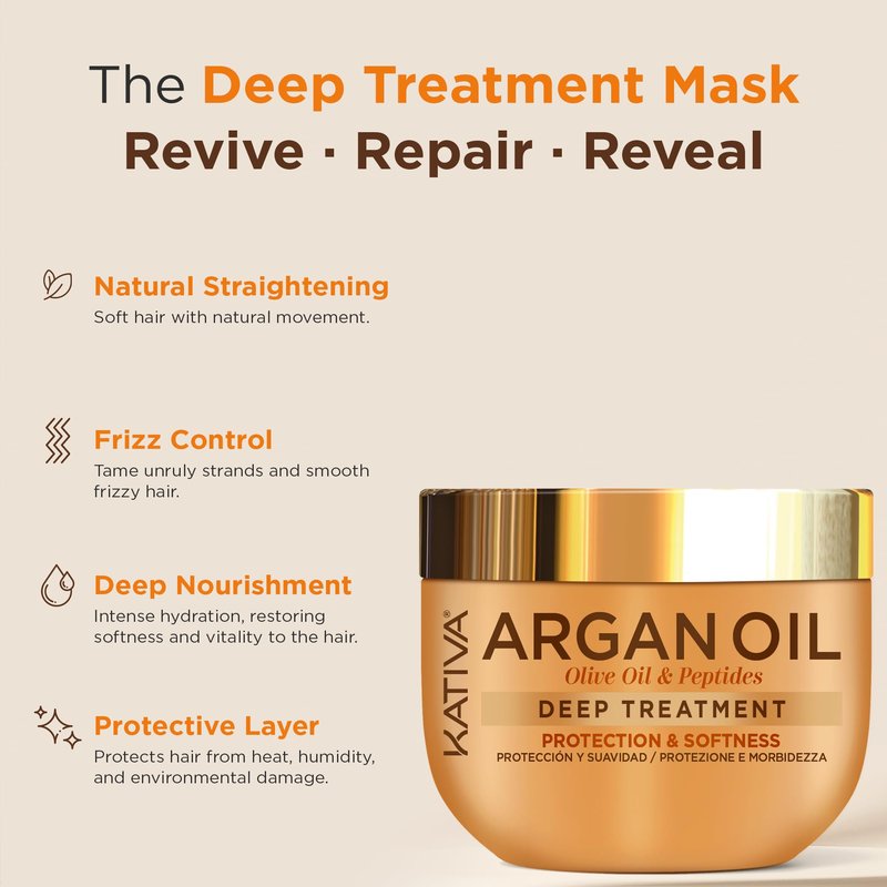 KATIVA Argan Oil Hair Mask 2-Pack (10 oz Each) – Deep Conditioning Treatment with Organic Argan Oil, Olive Oil & Peptides – Hydrating Repair for Dry, Damaged Hair – Sulfate-Free, Vegan