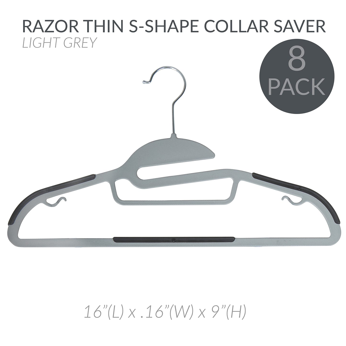Simplify 8 Pack Ultimate Hanger | S-Shape Collar Saver | Ultra-Thin | Non-Slip | Accessory Bar | Belts | Scarves | Ties | Tank Top | Closet Organization | Light Grey