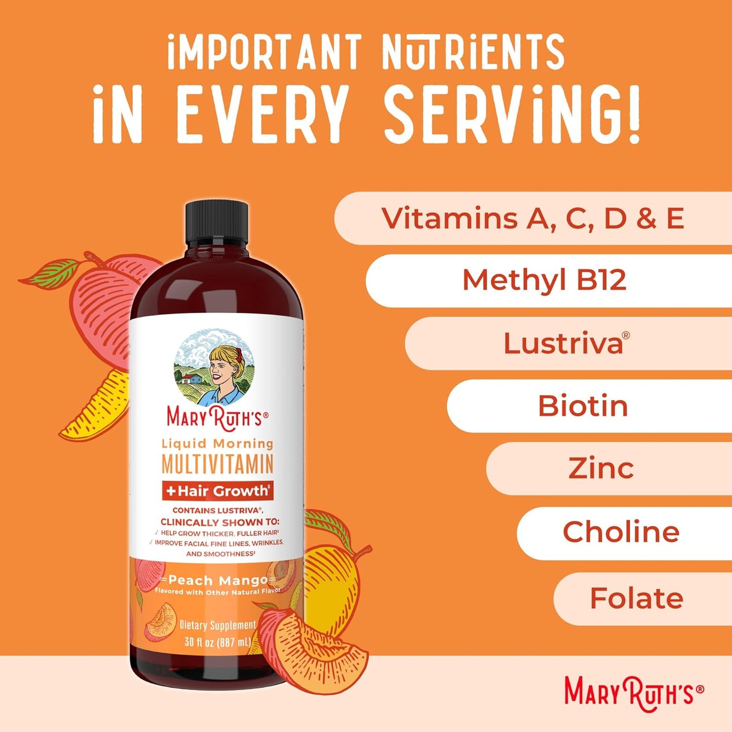 MaryRuth's Liquid Morning Multivitamin - Hair Growth & Iron Supplement | Vegan, Non-GMO, 30oz