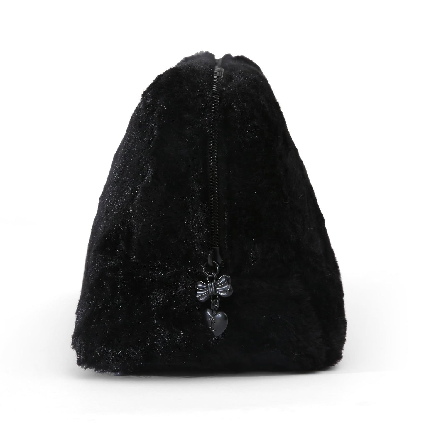 Juicy Couture Black Makeup Bag Cosmetics Organizer Travel Essentials Zip Top Wedge Faux Fur Rhinestone
