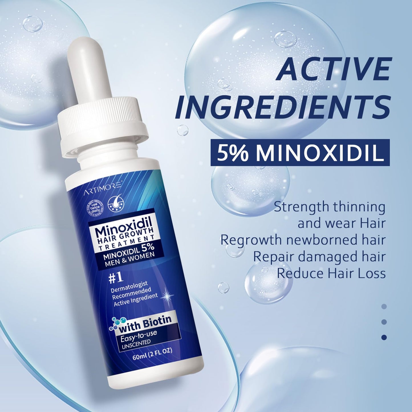 5% Minoxidil Hair Growth Serum for Men & Women with Biotin: Minoxidil for Men and Women, 5 Percent, Hair Regrowth Treatment, Extra Strength (4 FL OZ, Dropper 2pcs)