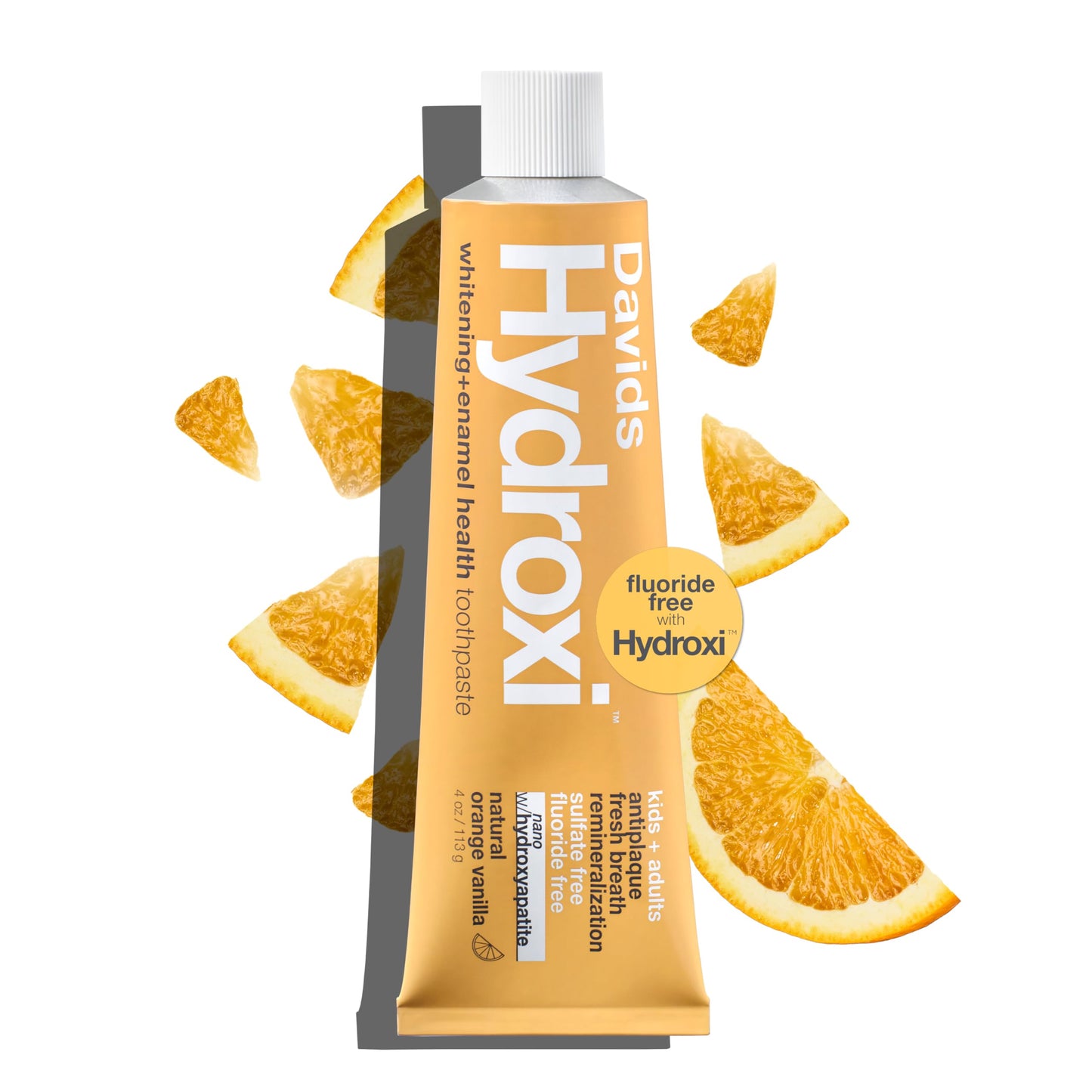 Davids Hydroxi Fluoride Free Nano Hydroxyapatite Toothpaste for Enamel Health & Whitening, Antiplaque, SLS Free, Kid Friendly Orange Vanilla Flavor, 4 oz, Made in USA