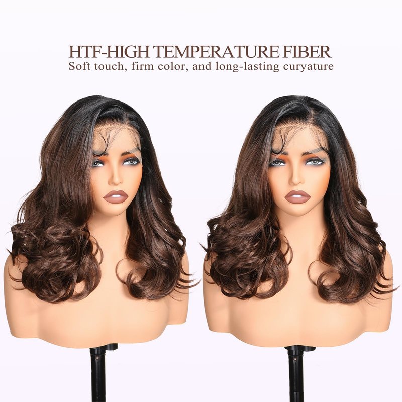 SISgrace Natural Black Ombre Brown 13 * 6 HD Lace Front Wigs Synthetic Glueless Pre Layered Body Wave Wigs for Women Pre Plucked 18 Inch Tiny Knots Lace Natural Hairline Bob Wigs