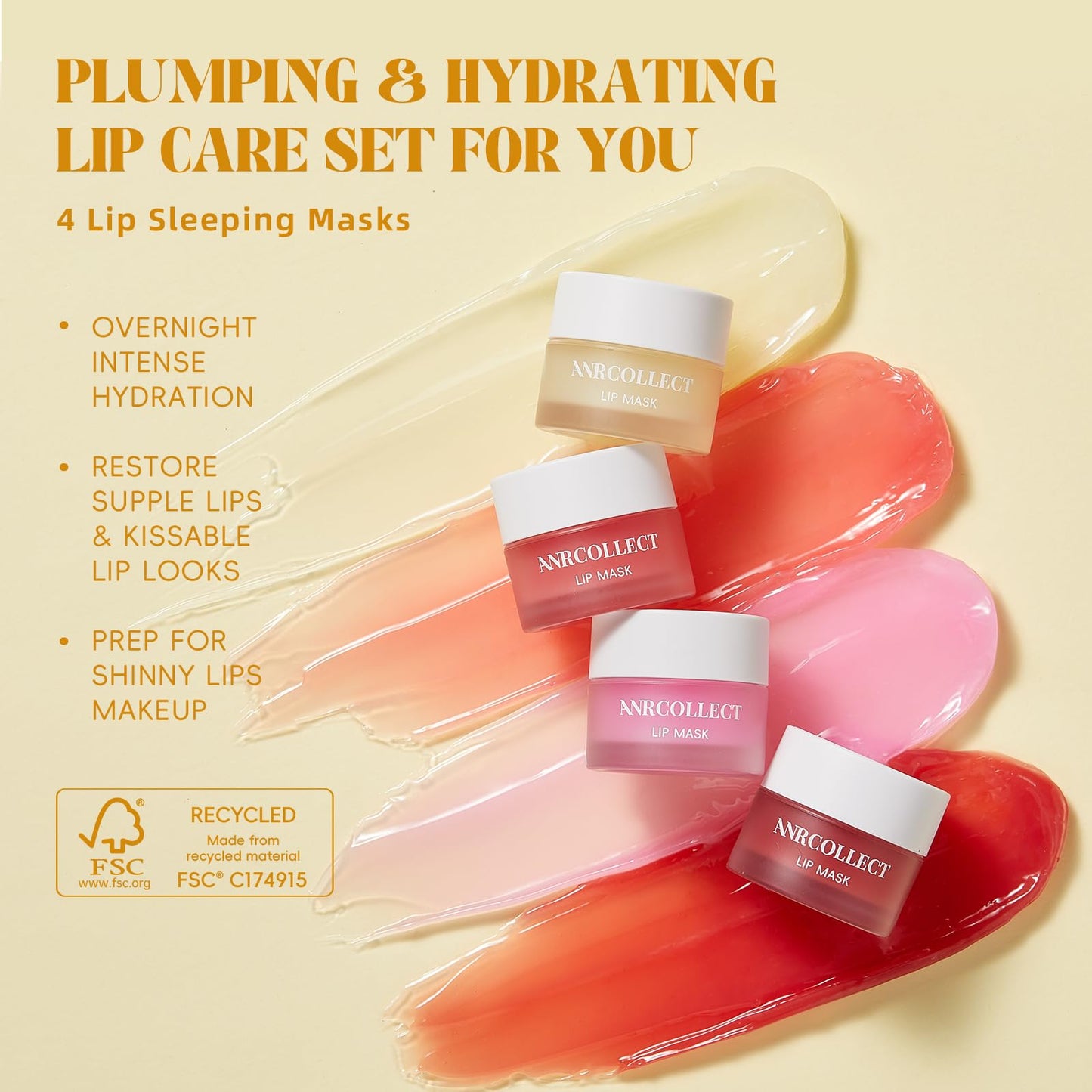 ANRCOLLECT Lip Mask Overnight Set, 4Pcs Lip Care Hydration Treatment Exfoliator Mask Kit, Revives & Nourishes Gift Set for All Day Moisturizing with Collagen & Shea Butter