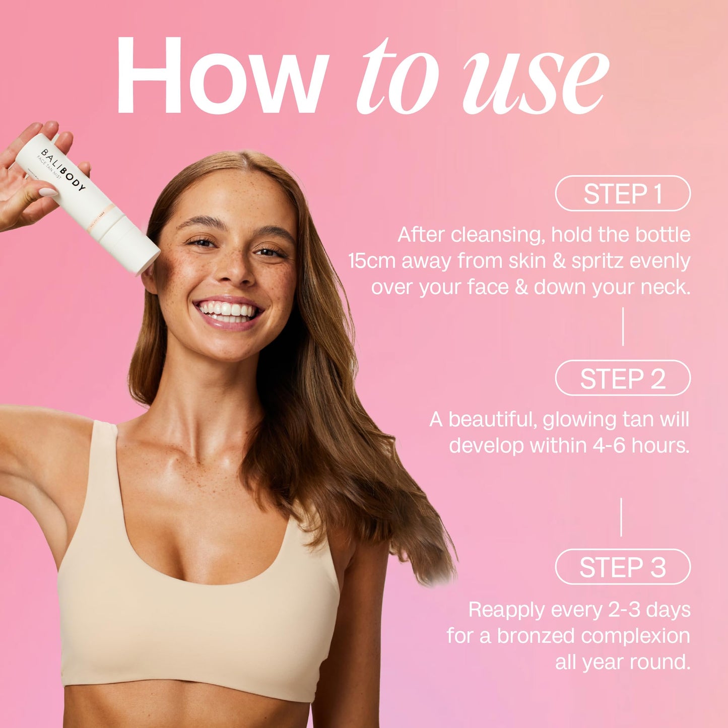 Bali Body Face Tan Mist - Dark Shade | Streak-Free, Fast Drying Facial Self Tanner | Hydrating Soothing Formula for All Skin Types | Vegan, Cruelty Free, Australian Made (100 ml/3.4 fl oz)