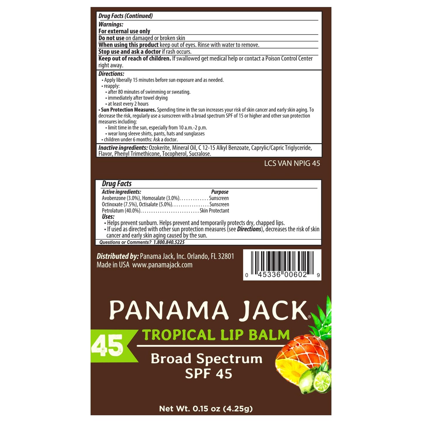 Panama Jack Sunscreen Lip Balm - SPF 45 Broad Spectrum UVA-UVB Protection | Soothes Dry, Chapped Lips, Tropical, 2-Pack