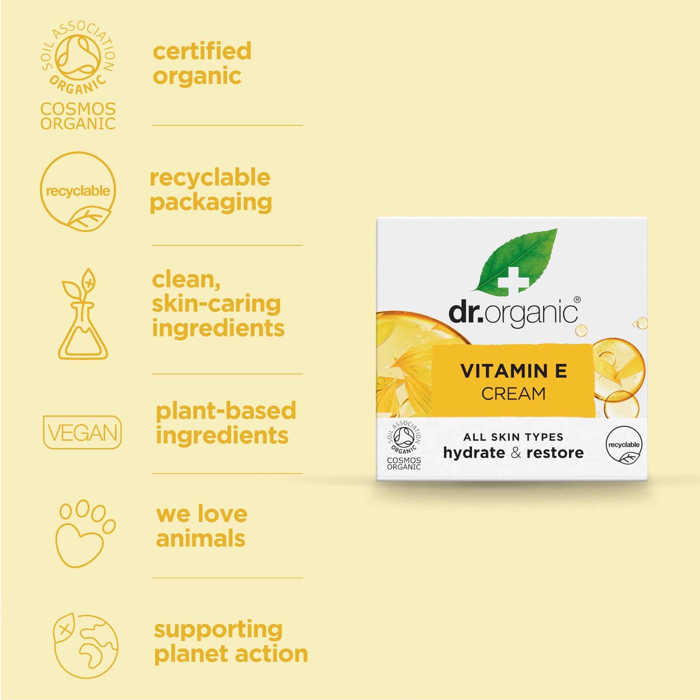 Dr. Organic Vitamin E Moisturising and Restoring Cream | Deeply Hydrates, Restores Skin’s Natural Balance, Natural, Certified Organic, Paraben & SLS-Free, 50 mL / 1.7 fl oz