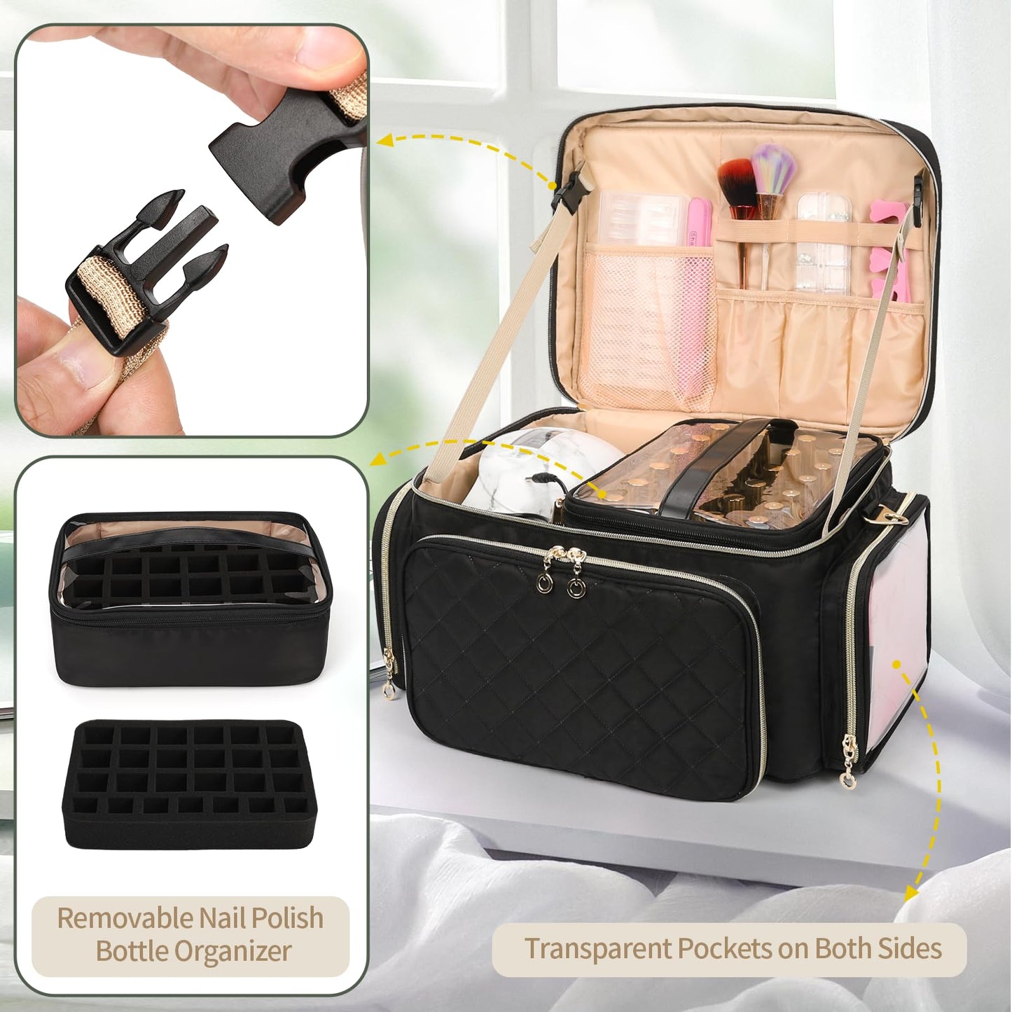 Bagmoly Nail Polish Organizer, Nail Polish Storage Holds 50-70 Bottles & Nail Lamp, Portable Travel Nail Kit Storage Carrying Case Fits Nail Suppiles, Gift for Manicurist, Grils (Black)