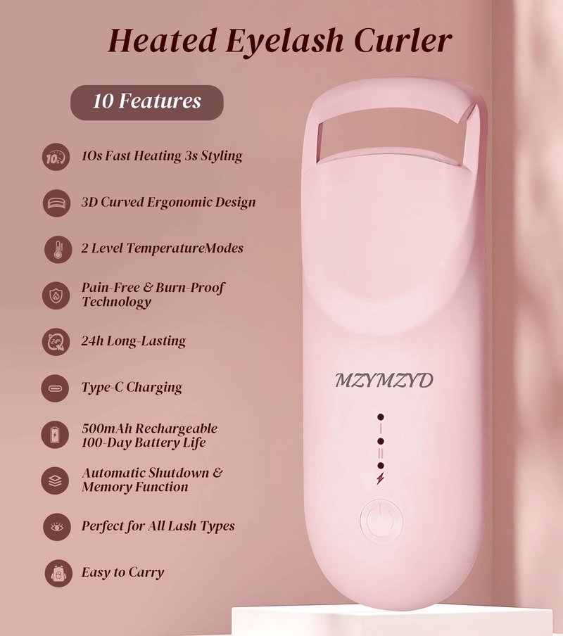 MZYMZYD Heated Eyelash Curler, Eyelash Curlers with 10S Quick Heat-Up, 2 Temp Settings, 3S Styling & 24H Long-Lasting Natural Curl, Type-C Recharge, Mini Electric Eyelash Curler for Travel - Pink