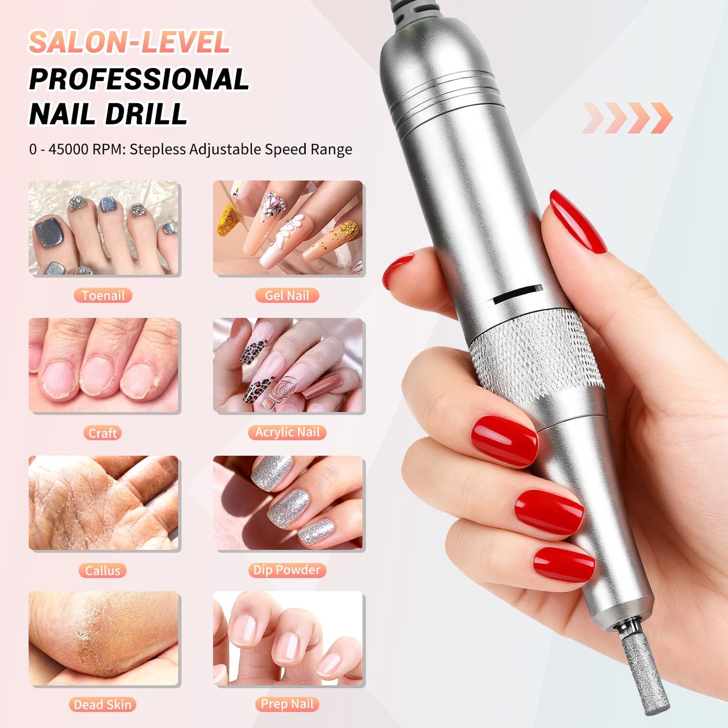 JEWHITENY Rechargeable Cordless Nail Drill for Beginners,Professional Nail Drill 45000RPM,SG717 Electric Nail File for Acrylic Gel Nails,Remove Nail Gel Polish(Pink)