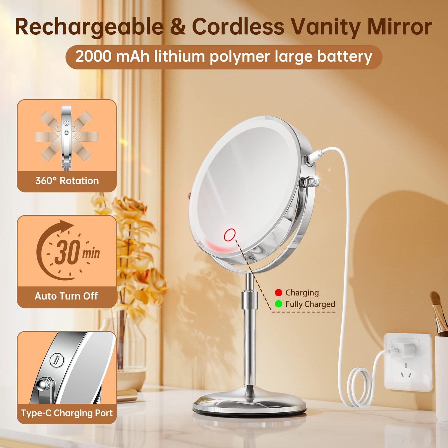 Gospire 7" Lighted Makeup Mirror, 1X/10X Magnification, Height Adjustable