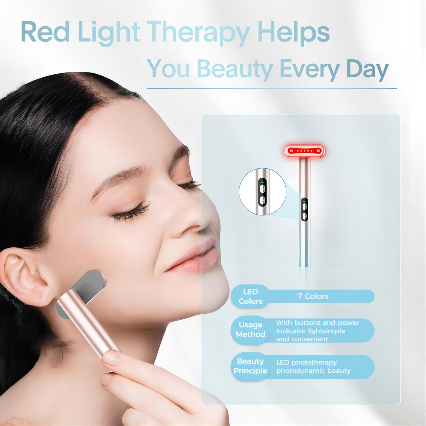 Fxtiaa Led-Face-Wand，7 in 1 LED Light Therapy Facial Red & Blue Rejuvenation Tool