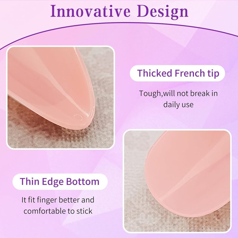 French Tip Press-On Nails - 216PC Medium Pink Almond Acrylic Set with Adhesive Tabs | Stylish Fake Nails
