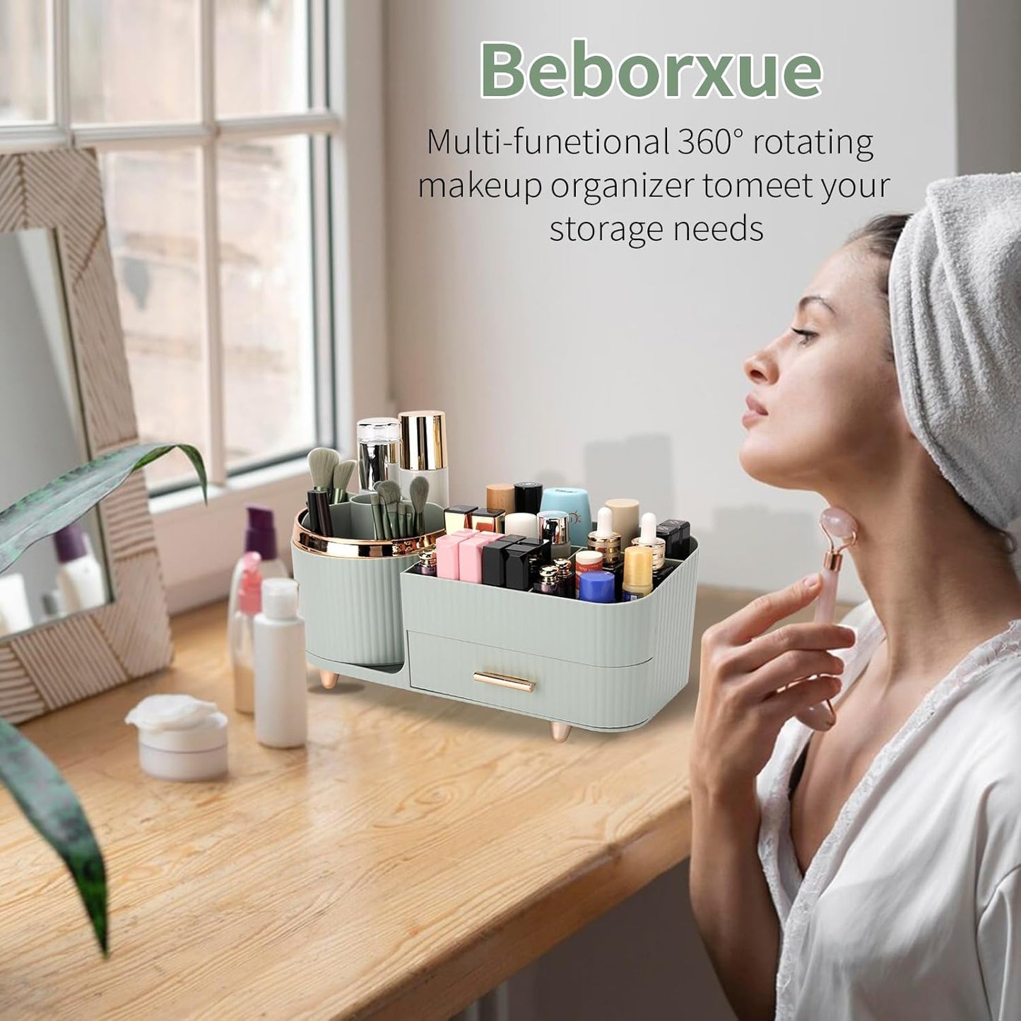 Makeup Organizer - Versatile Vanity Storage Case with Drawers | Fits Cosmetics, Skincare, Brushes & Accessories - Green