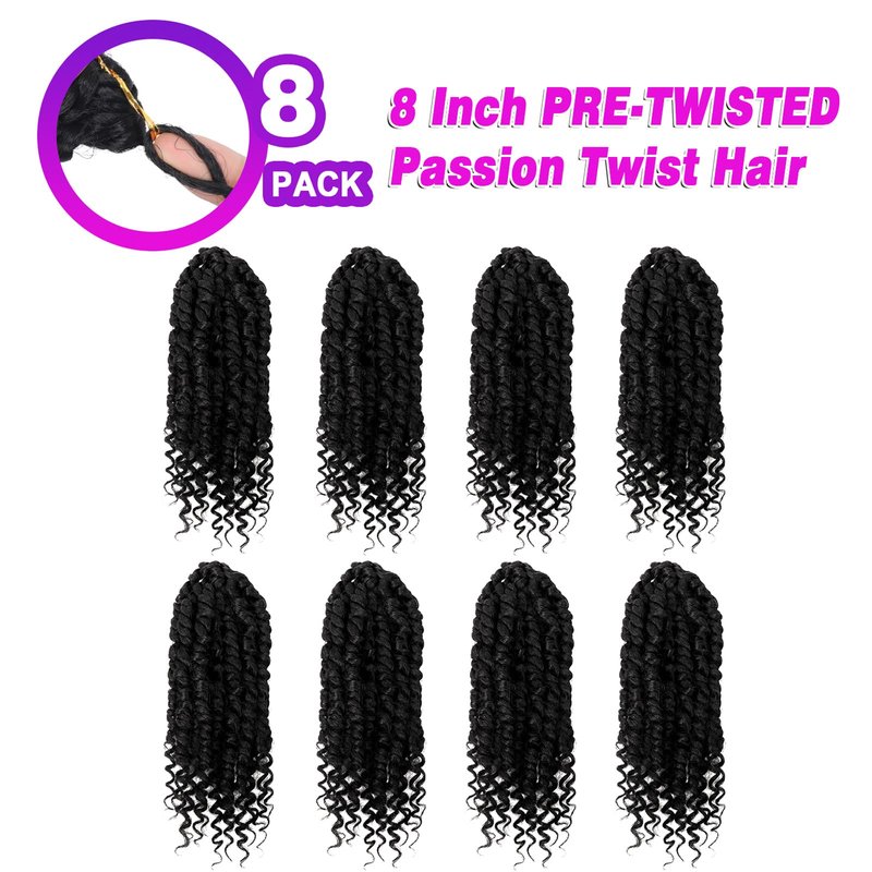 Bileaf 8 Inch Passion Twist Hair 8 Packs Pre-twisted Crochet Hair, Pre-looped Crochet Passion Twist Braiding Hair for Women Girls and Kids Bohemian Passion Twist Hair Extensions 1B