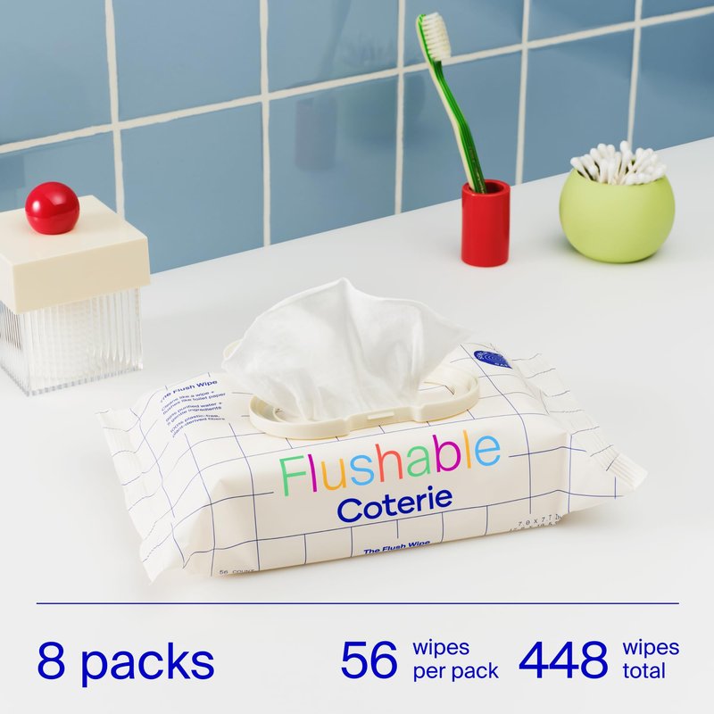 Coterie Flushable Wipes for Toddlers, Designed for Potty Training, Safe for Sensitive Skin, Hypoallergenic, 99% Water, Plant-Based, Fragrance Free, Sewer & Septic Safe, 8 Pack (448 Wipes)