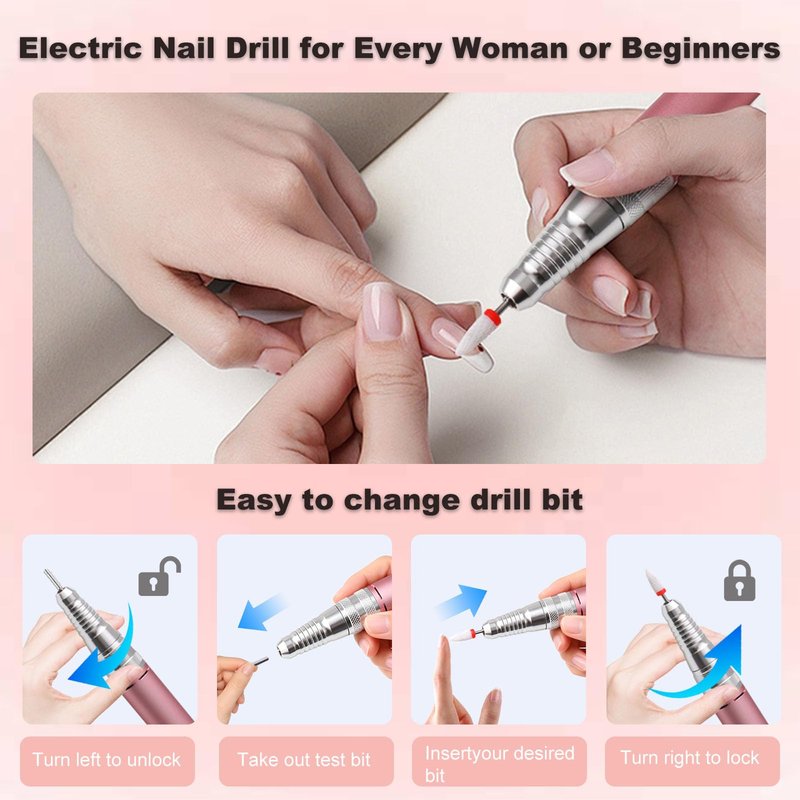 Qinvone Electric Nail Drill with Brushless Motor, 40000RPM Professional Cordless Nail File for Acrylic & Gel Removal - Rechargeable Manicure & Pedicure Kit with 12 Bits for Home and Salon Use (Pink)
